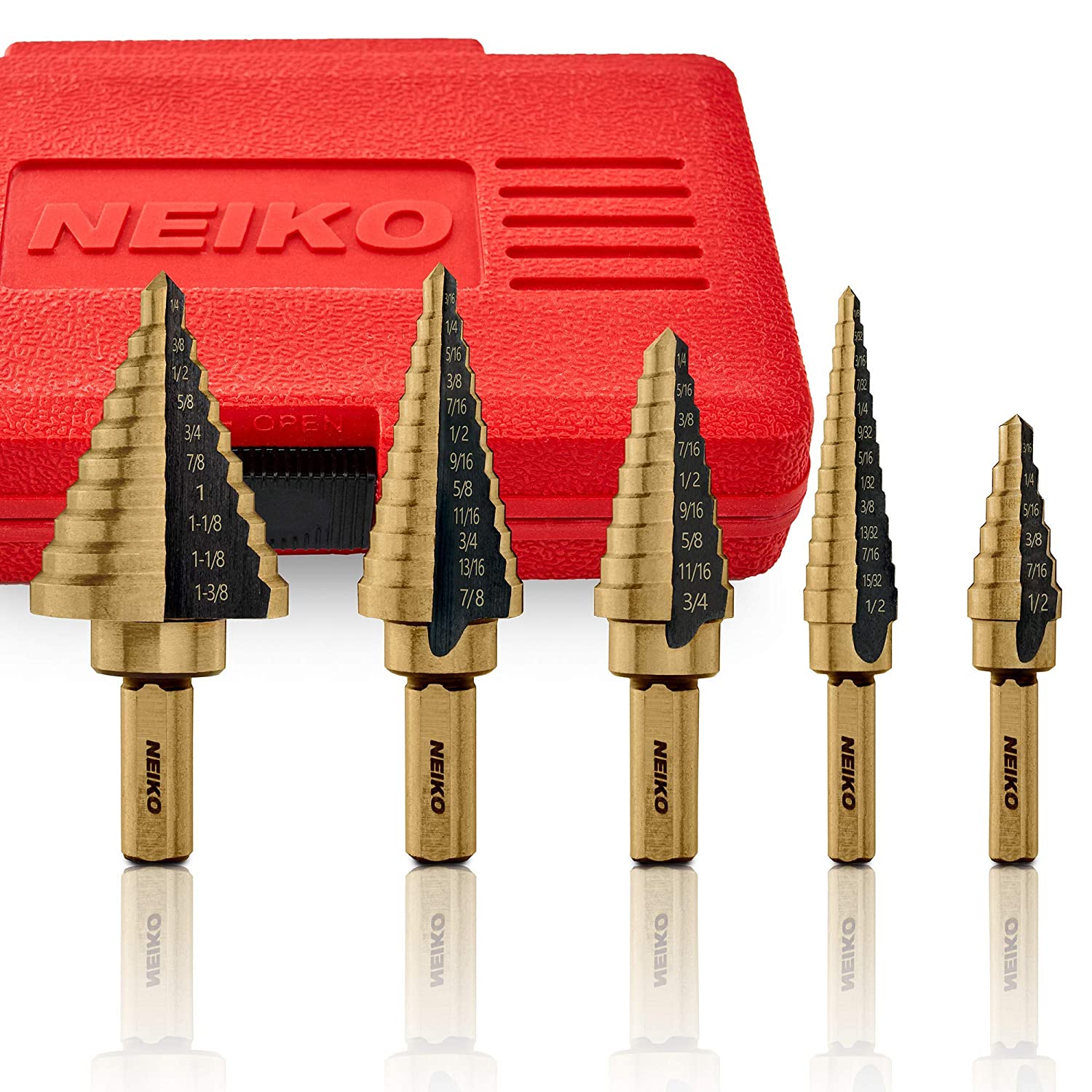 NEIKO 10197A Step Drill Bit Set, 5 Pc Step Bit for Metal, 50 SAE Sizes Total, 1/8” – 1-3/8”, SAE Titanium High Speed Steel Unibit, Stepper Cone Drill Bit, Two Flute Step Down Bits, Step Up Drill Bits