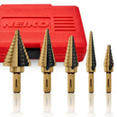NEIKO 10197A Step Drill Bit Set, 5 Pc Step Bit for Metal, 50 SAE Sizes Total, 1/8” – 1-3/8”, SAE Titanium High Speed Steel Unibit, Stepper Cone Drill Bit, Two Flute Step Down Bits, Step Up Drill Bits