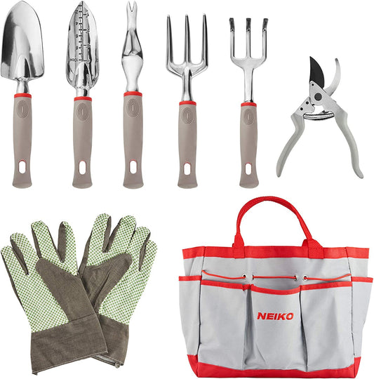 NEIKO 61090A 8 Pc Garden Tool Set, Heavy Duty Gardening Tool Set for Home Garden Planting, Includes Gardening Tool Set Bag for Gardening, Hand Gardening Tools for Women and Men, Gardening Tool Kit