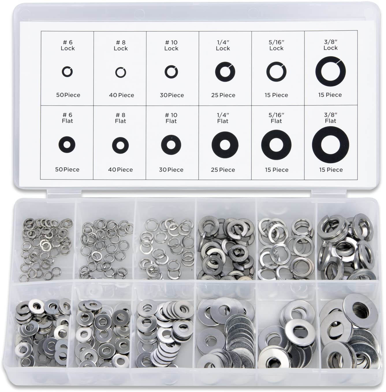 Stainless Steel Lock & Flat Washer Assortment 12 Different Sizes in Spring Lock & Flat Design (350-Piece)
