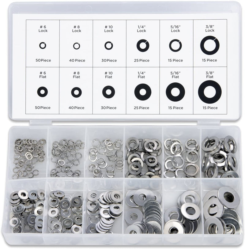 NEIKO 50400A Stainless Steel Lock and Flat Washer Assortment | 350 Piece Set | 12 Different Sizes in Spring Lock and Flat Design | Prevent Loose Fasteners