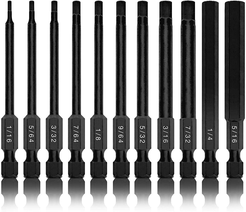 NEIKO 01147A Hex Allen Power Bit Set, 11-Piece SAE Sizes 1/16 to 5/16 | Magnetic Hex Head Bits | 3 Quick Release Shanks | Premium S2 Steel | Compatible with Power Drills and Impact Drivers