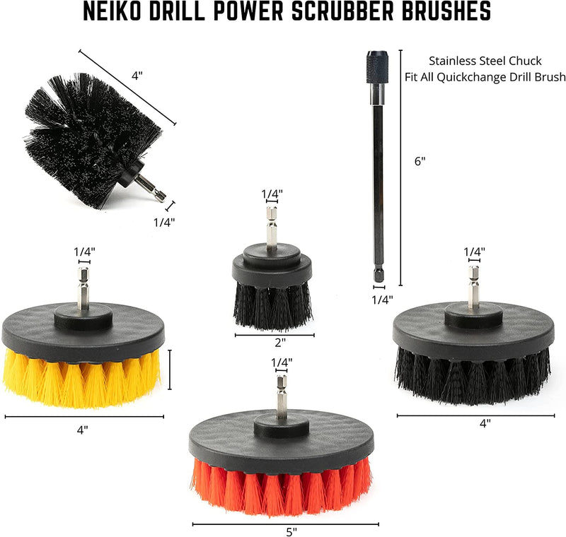 NEIKO 00322A Brush Drill Attachment Set | 15 Pieces | Polishing, Buffing, Scrubbing & Scouring Pads | Cleaning Round Pad for Carpets | Power Scrub Brush for Toilets | Long Reach Extension Included