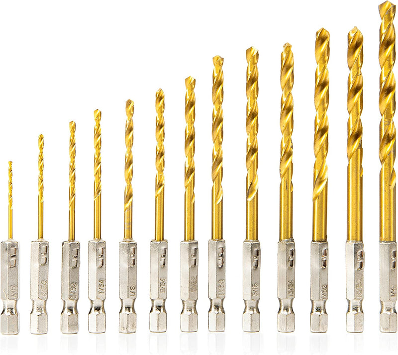 NEIKO 10171A Hex Shank Drill Bit Set | 13 Piece 1/4” Quick Change | 1/16 – 1/4 Inch | Quick Connect Drillbits | Impact Drill Bits | Titanium Coated High Speed Steel | Wood, Plastic, and Metal