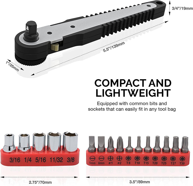 NEIKO 03043A Right Angle 1/4-Inch Drive Mini Ratchet Wrench Screwdriver Bit and Socket Set | 17-Piece Set | Cr-V Steel | Dual Head | Low Profile | 90 Degree | Sockets, Phillips, Slotted, & Torx Star
