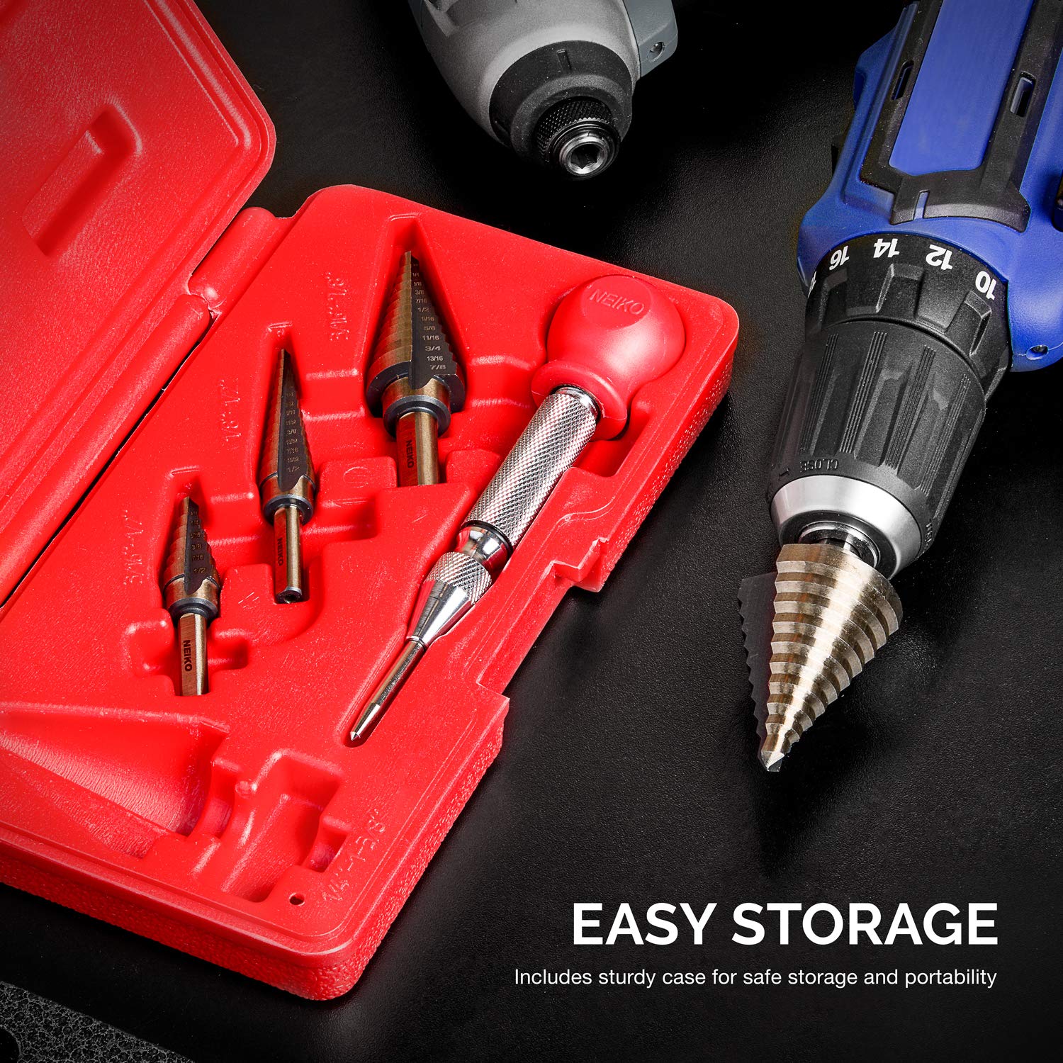 Step Drill Bit Set & Automatic Center Punch, 5 Piece, 41 SAE Sizes Total, 1/8” – 1-3/8”
