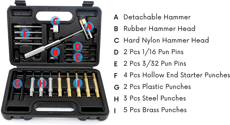 NEIKO 02640A Gunsmith Punch Set 21 PC, Chrome Vanadium Steel, Plastic & Brass Pin Punches, Rubber, Nylon, Brass and Steel Hammer Heads, Hollow End Starter Punches, Repair Punch Set, Pin Remover