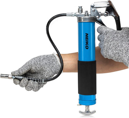 NEIKO 12011A Grease Gun | Heavy Duty Pistol Grip Greaser | 6000 PSI | Standard 14oz Grease Cartridge | 18” Reinforced Flex Hose, Zerk Coupler, 6” Straight Extension & 5.5” Bend Ext, Sharp Nozzle