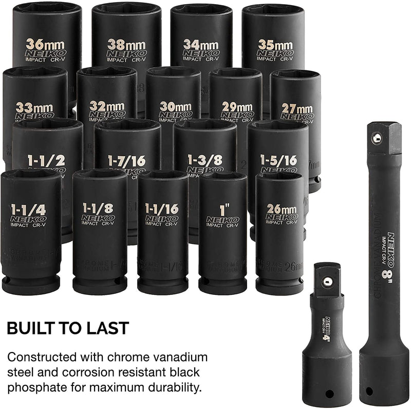 NEIKO 02347A 3/4-Inch Drive Socket Set, Master 20-Piece SAE and Metric Socket Set, SAE 1" to 1 1/2" and Metric 26 to 38 mm, Extension Bars Included