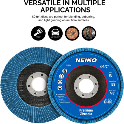 NEIKO 11120A 10 Pack Zirconia Flap Discs 4-1/2 for Angle Grinder, 80 Grit Flapper Wheel, Angled T29 Grinding Wheel 4.5 Inch Flap Disc, 7/8" Arbor Grinding Disc, Flap Wheel for Wood & Metal Sanding