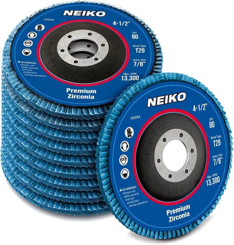 NEIKO 11120A Zirconia Flap Disc | 80 Grit | 10 Pack | 4.5-Inch x 7/8-Inch | Bevel Type