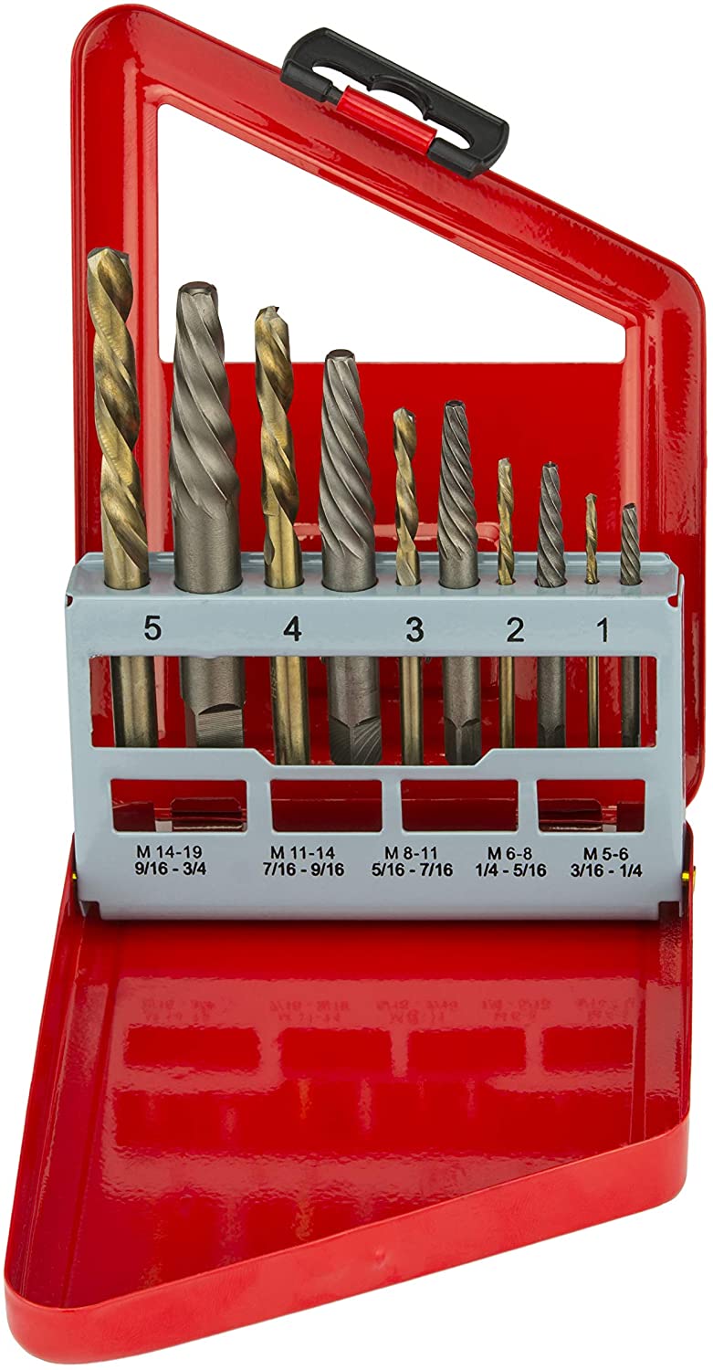 NEIKO 01925A Screw-Extractor And Left-Hand Drill-Bit Set, HSS M2 Steel Drill Bits, Alloy Spiral Flutes, Reverse Drill-Bit And Bolt Extractor, Easily Remove Stripped Screws And Broken Bolts, 10 Pieces