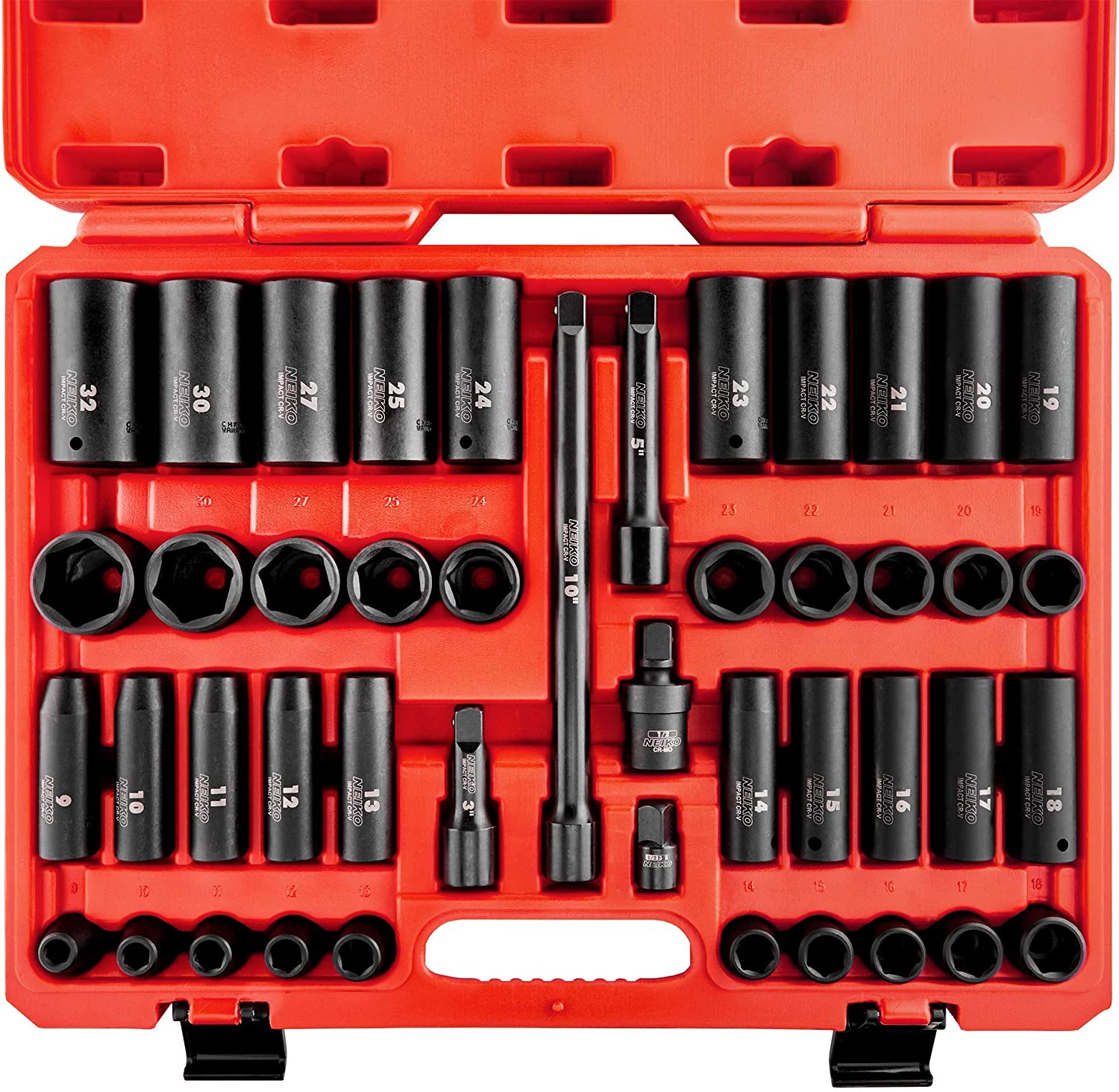 1/2 Impact Socket Set Deep & Shallow Assortment, Metric Sizes 9mm to 32mm (45-Piece)