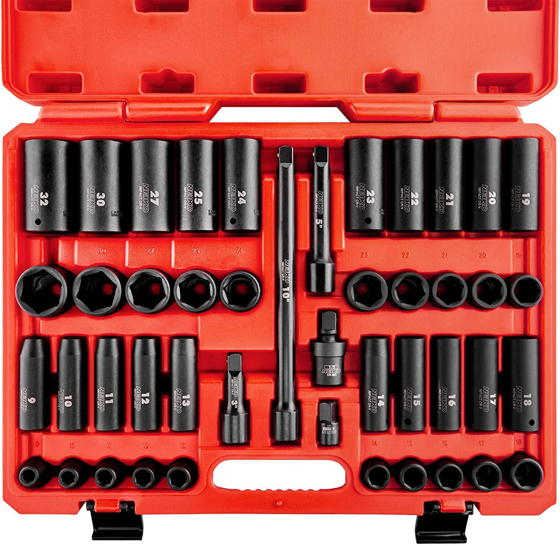 NEIKO 02330A 1/2 Impact Socket Set, 45 Piece Deep and Shallow Assortment, Metric Sizes 9mm to 32mm, Chrome Vanadium Steel, Extension Bars, Universal Joint and Adapter, 1/2" Drive Deep Well Set