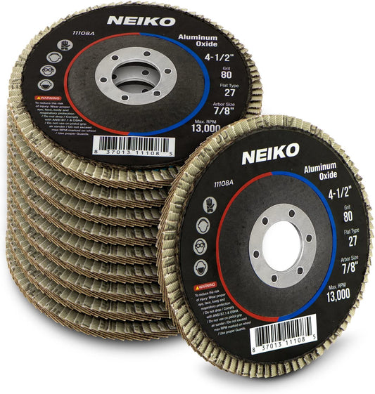 NEIKO 11108A 10 Pack Aluminum Oxide Flap Discs 4-1/2 for Angle Grinder, 80 Grit Flapper Wheel, Flat T27 Grinding Wheel 4.5 Inch Flap Disc, 7/8" Arbor Grinding Disc, Wood & Metal Sanding