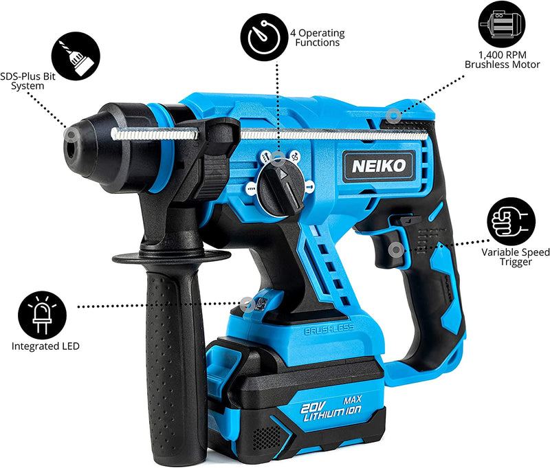 NEIKO 10882A Cordless Rotary Hammer Drill, Includes 20-Volt Li-ion Rechargeable Battery, Fast Charger, and SDS Plus Bit System