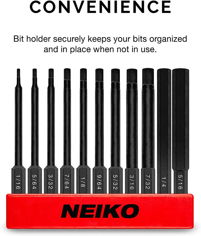 Neiko 01147A Allen Wrench Drill Bits, 11-Piece Hex Drill Bit Set, SAE Sizes 1/16" to 5/16", Magnetic Hex Head Bits, 3" Quick Release Shanks, S2 Steel, Compatible with Power Drills and Impact Drivers