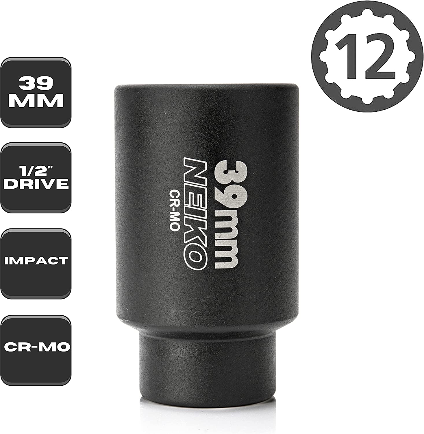 39mm Socket, 1/2” Drive Deep Impact Socket, Spindle & Axle Nut Socket, 12 Point