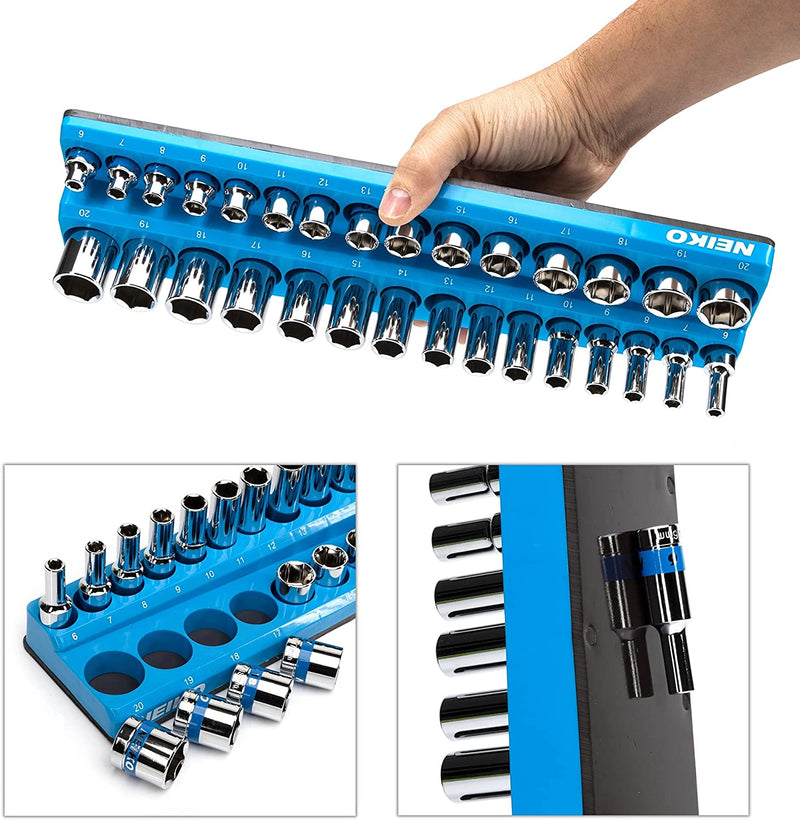 NEIKO 03971A Magnetic Socket Holder | 3/8” Drive | 6mm-20mm | Holds Shallow & Deep Sockets Tray | Metric Socket Organizer | 30 Hole Tool Box Storage | Scratch Free Mounting | High Visibility