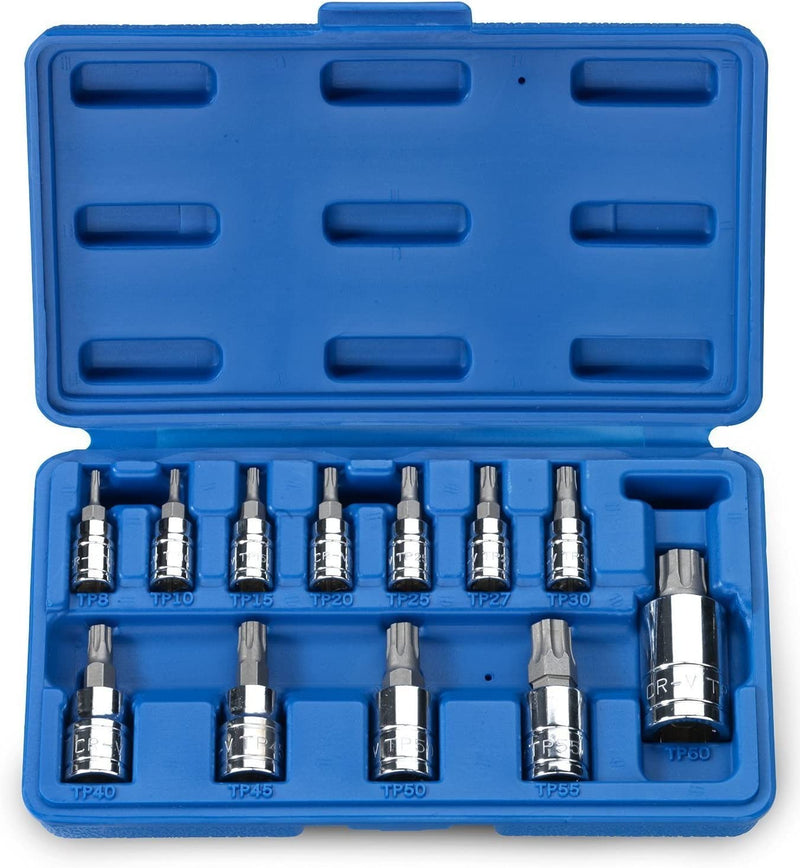 NEIKO 10086A Standard Torx Plus Bit Socket Set | 12 Piece | TP8 – TP60 | 6 Point Star | Cr-V and S2 Steel | High Impact ABS Blow Molded Case, clear