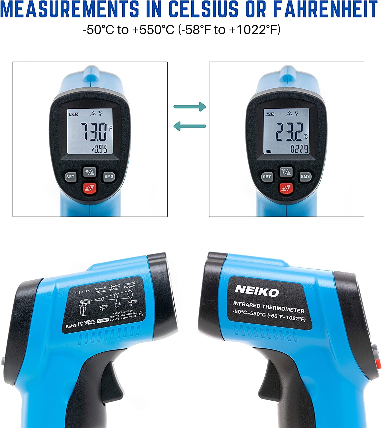 NEIKO 52911A Digital Infrared Thermometer, Non Contact Gun, Instant Read -58℉~1022℉ (-50℃~550℃) Infrared Thermometer Gun, Thermal Heat Temperature Gun, Laser Thermometer Gun, NOT for Humans