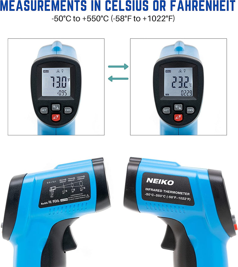 NEIKO 52911A Digital Infrared Thermometer | Non-Contact Temperature Gun | Instant Read -58?~1022? (-50?~550?) | LCD Display | IR Laser Targeting | Extra Dial Thermometer for Cooking