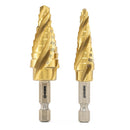 NEIKO 10172A Quick-Change Step Drill Bits with 4-Flute Spiral-Grooved Design and 1/4-Inch Hex Shanks, Made of Titanium-Nitride-Coated High-Speed Steel, 2 Bits