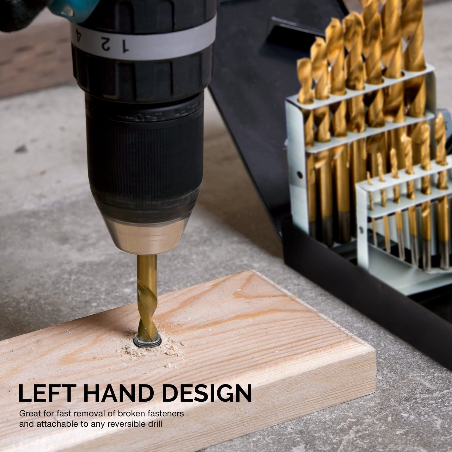 Left-Hand Drill-Bit Set, High-Speed Steel Drills with Titanium Nitride Coating (15-Piece)