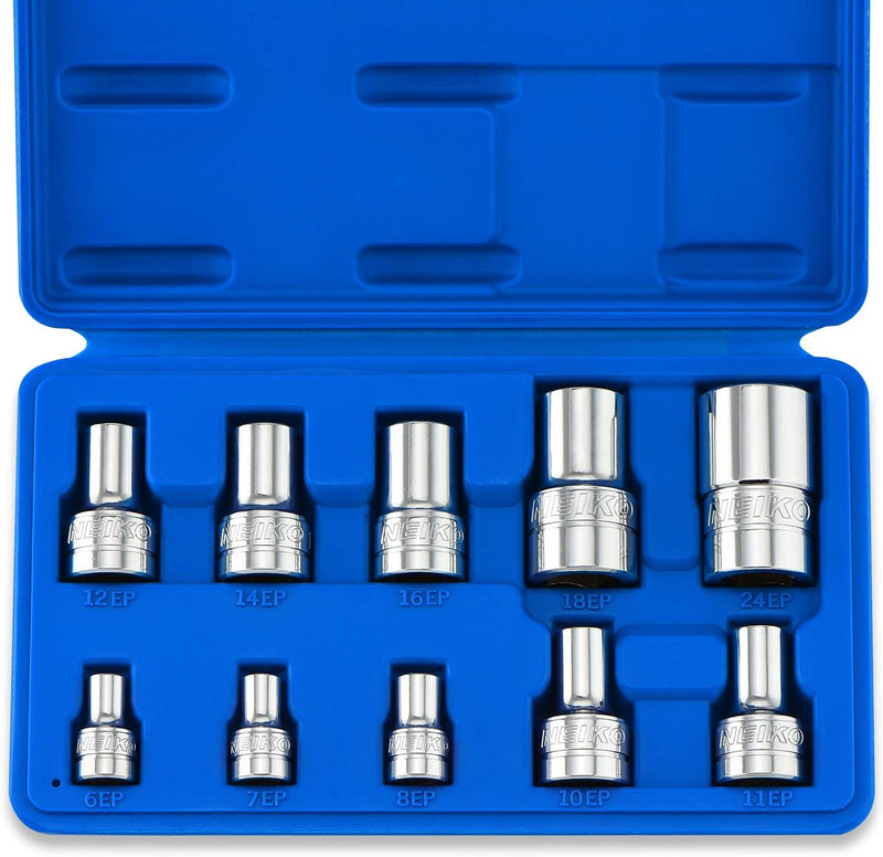 NEIKO 02473A External Torx Plus Socket Set,10 Piece | 1/4-Inch EP6 - EP8, 3/8-Inch EP10 - EP16, 1/2-Inch Square Drive EP18 and EP24 | CR-V Steel