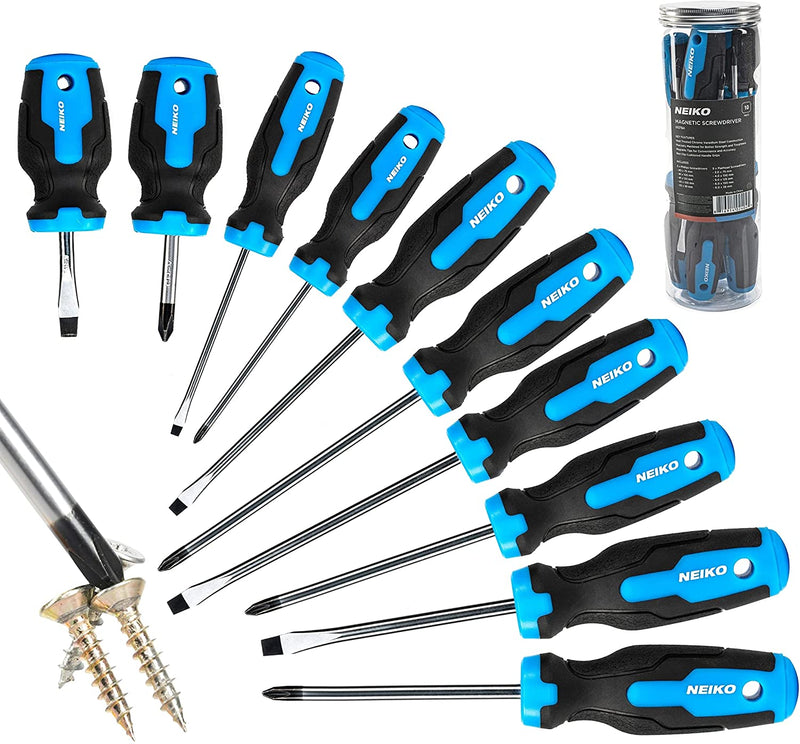 NEIKO 01378A Magnetic Screwdriver Set | 10 Piece | Phillips & Flathead | Heat Treated Chrome Vanadium Steel | Slotted Head Tip with Non-Slip Cushioned Handle Grips | Small Screw Driver Tool Kit