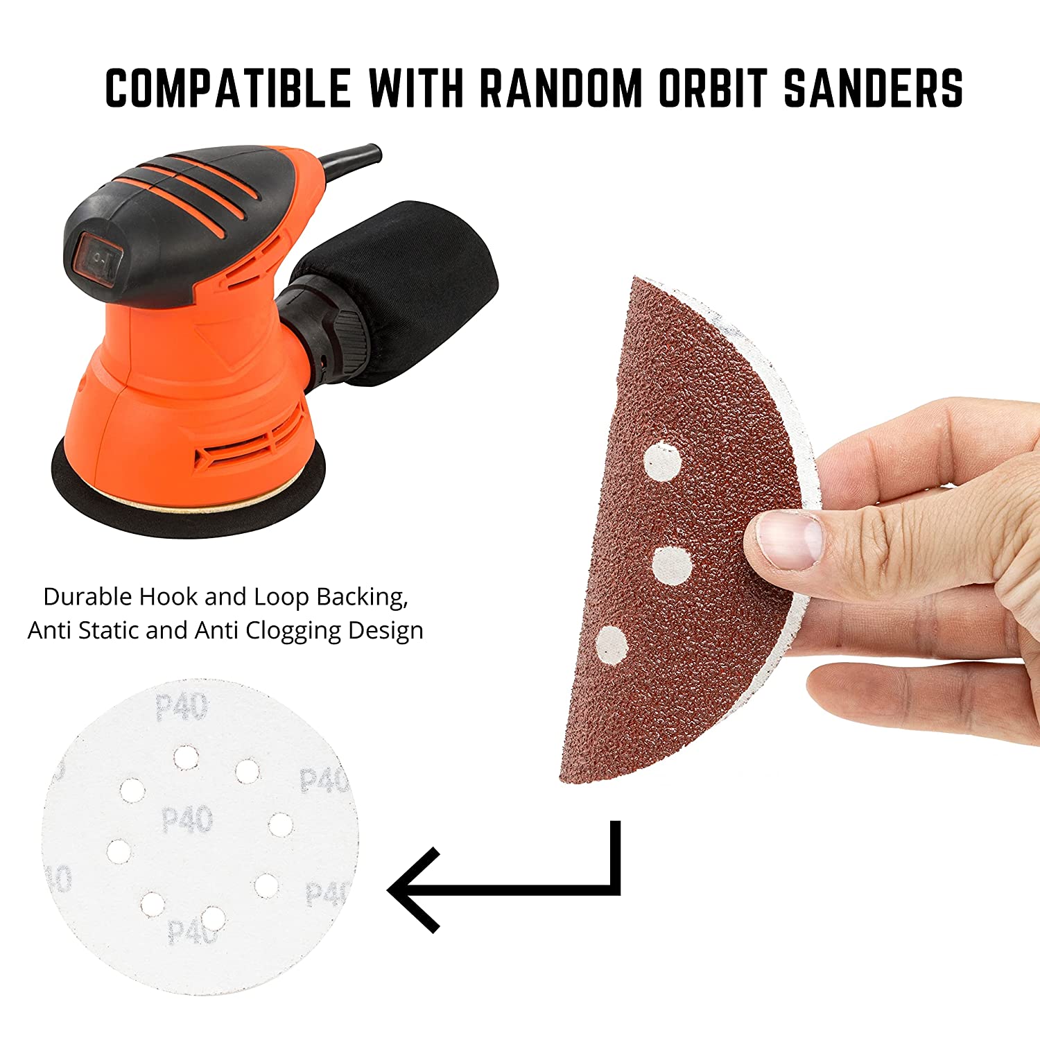Sanding Discs for 5” Orbital Sander, Hook & Loop, Sandpaper Assortment with 40, 60, 80, 120 (72-Piece)