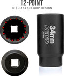 NEIKO 02525A 34mm Socket | 1/2” Drive Deep Impact Socket | Spindle & Axle Nut Socket | 12 Point |Chrome Molybdenum Cr-Mo |Deep Well Hub | Triple Square | Axle Shaft Nut Remover
