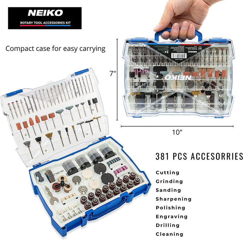 NEIKO 50492A Rotary Tool Accessories Kit | 381pcs | Universal 1/8” Shank | Grinding, Sanding, Cutting, Carving, Sharpening, Polishing, Engraving, Drilling, Cleaning | Woodworking & Metalworking