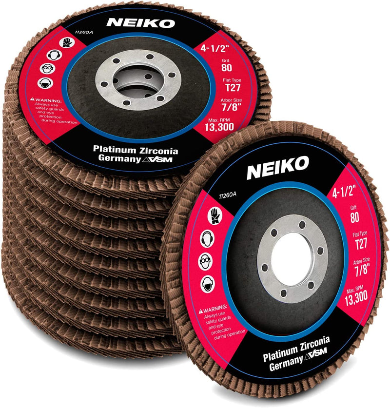 NEIKO 11260A Germany VSM Platinum Zirconia Flap Disc | 4.5" x 7/8-Inch | 80 Grit Extended Life Wheel Flat Type