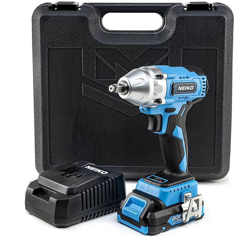 Neiko 10880A 3/8-Inch-Drive Brushless Cordless Impact Wrench, 20-Volt Compact Impact Wrench with Lithium-Ion Charging Battery, Includes Fast Charger, 3/8 Impact Gun, 3/8 Impact Wrench, Impact Driver