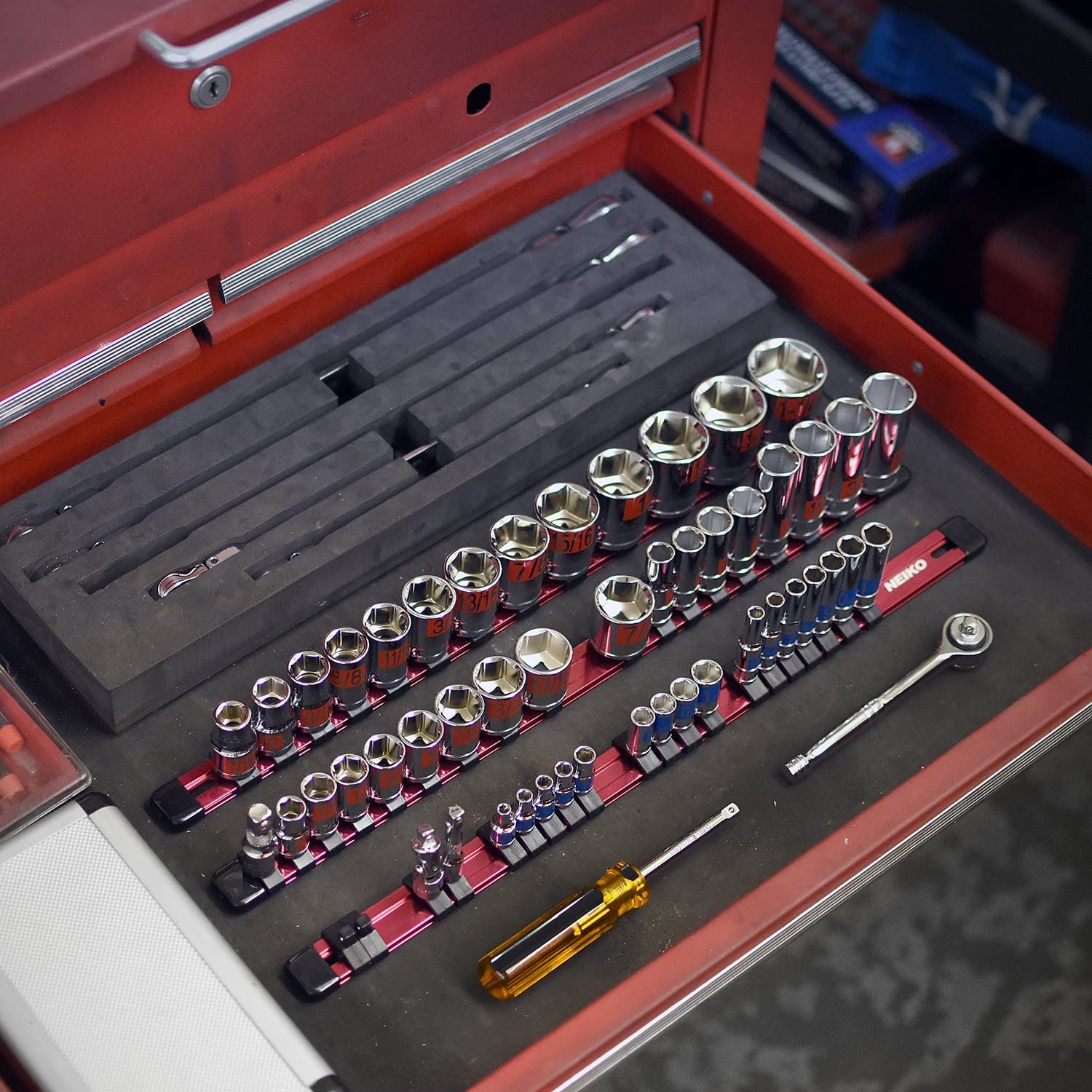 Aluminum Socket Holder & Socket Organizer Tray for Toolboxes with Lightweight & Heavy-Duty Rails, 1/4", 3/8", & 1/2" Drives Socket Storage Set (3-Piece)