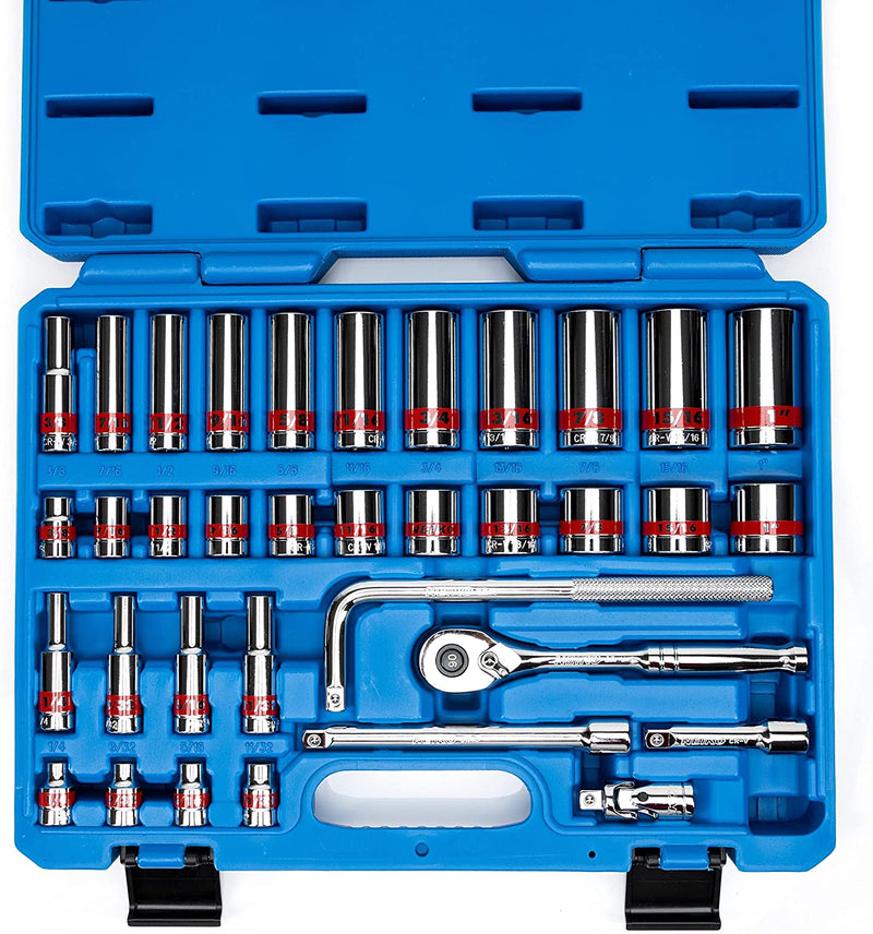 NEIKO 02511A 3/8” Drive Socket Set with Quick Release Ratchet (90 Tooth), 35 Piece Standard and Deep SAE Sizes, 1/4” to 1”, 6 Point, Universal Joint, 3/8” Extension Bars, Made with CR-V Steel
