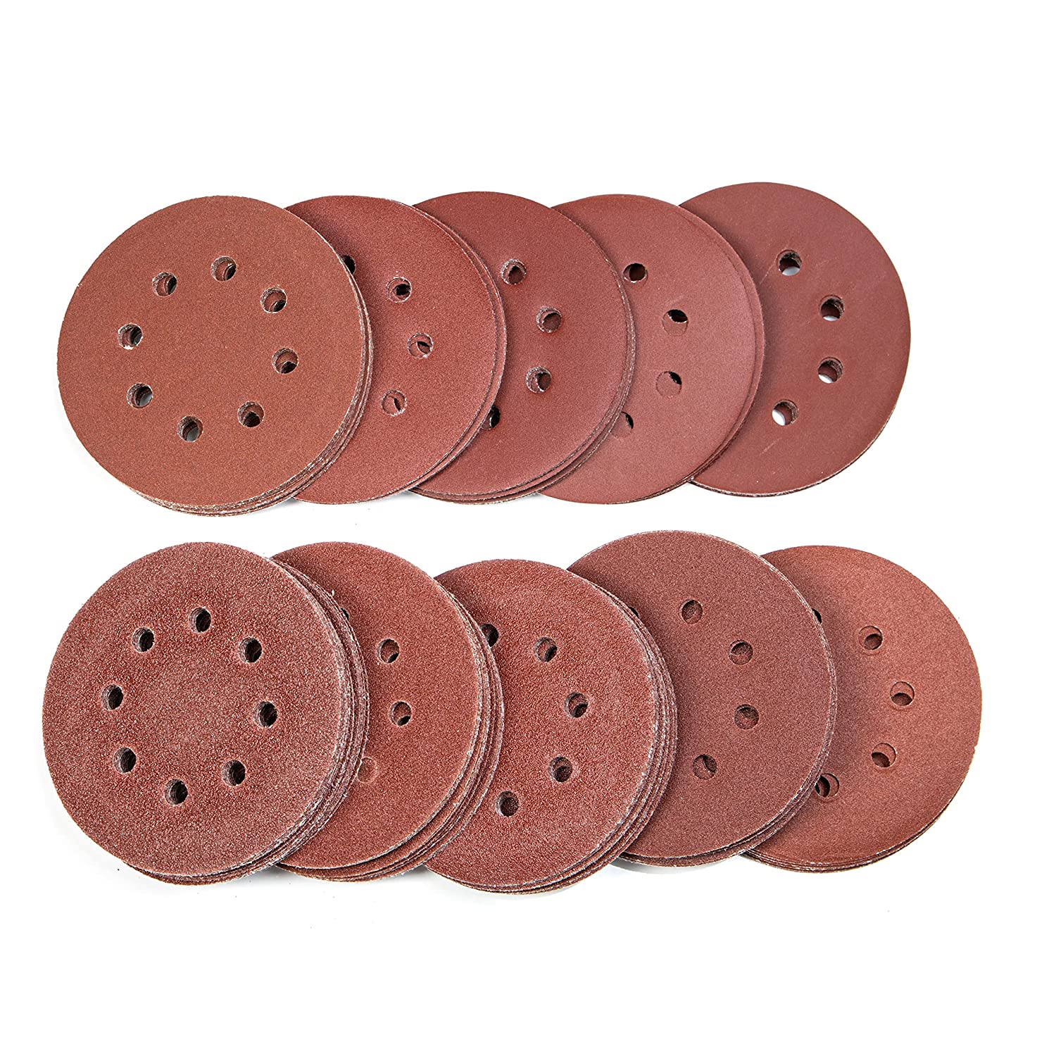 5" Hook-and-Loop Sanding Discs — Aluminum Oxide, 10 Grits, 8-Hole (150-Piece)