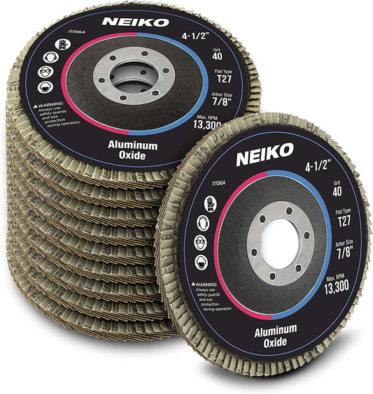 NEIKO 11106A 10 Pack Aluminum Oxide Flap Discs 4-1/2 for Angle Grinder, 40 Grit Flapper Wheel, Flat T27 Grinding Wheel 4.5 Inch Flap Disc, 7/8" Arbor Grinding Disc, Wood & Metal Sanding