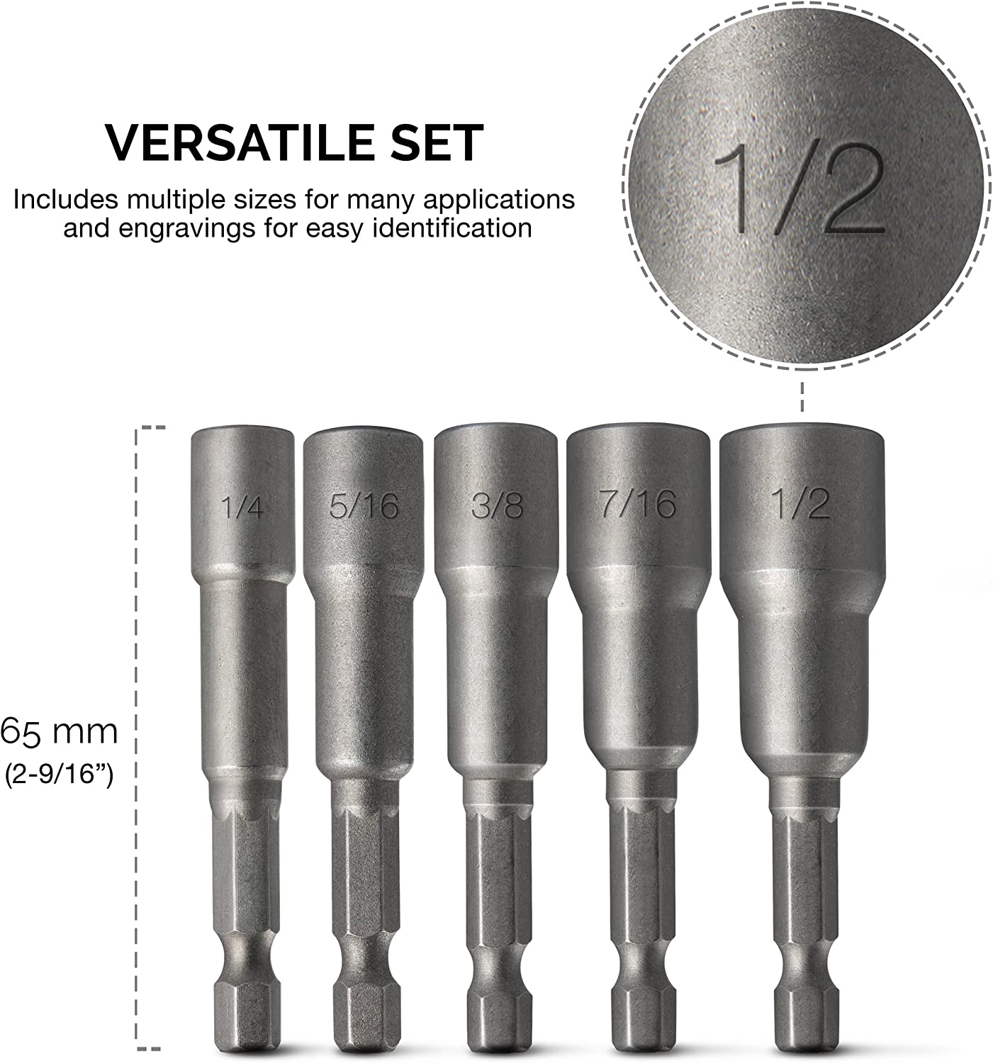 1/4” Hex Shank Magnetic Power Nut Driver Set SAE, Sizes 1/4" to 1/2”, Cr-V (5-Piece)