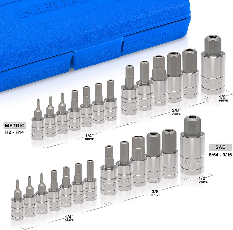 NEIKO 01144A Tamper-Proof Hex Bit Socket Set, 26 Pieces | SAE (5/64-9/16”) and Metric (2-14MM)