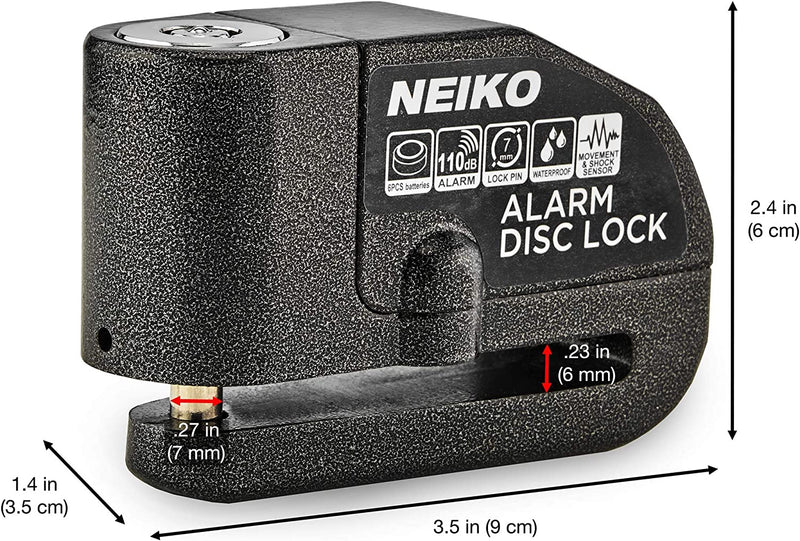 NEIKO 52908A Motorcycle Wheel Disc Brake Lock with Alarm | Up to 110db Sound Alarm | Anti-Theft Motion Sensor Security | Universal Brake Rotors Padlock for Motorcycles, Bicycles, Scooters, and More