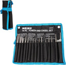 NEIKO 02626A Punch and Chisel Set | 16 Piece | Cold Chisels, Taper, Pin & Center Punches | Chrome Vanadium Steel | Roll Up Pouch | Chisel Tip Gauge | Ground and Polished | Tapered Striking Head