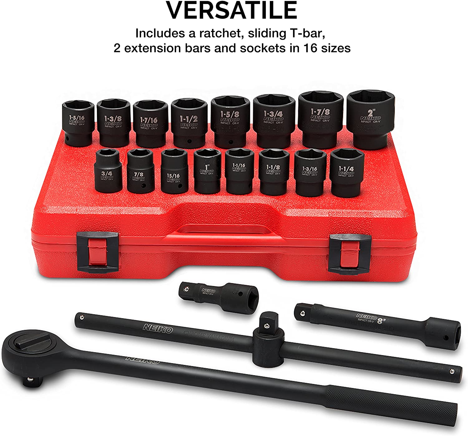3/4" Drive Jumbo Impact Socket Set Shallow, SAE, Sizes 3/4” to 2”, Cr-V Steel (21-Piece)