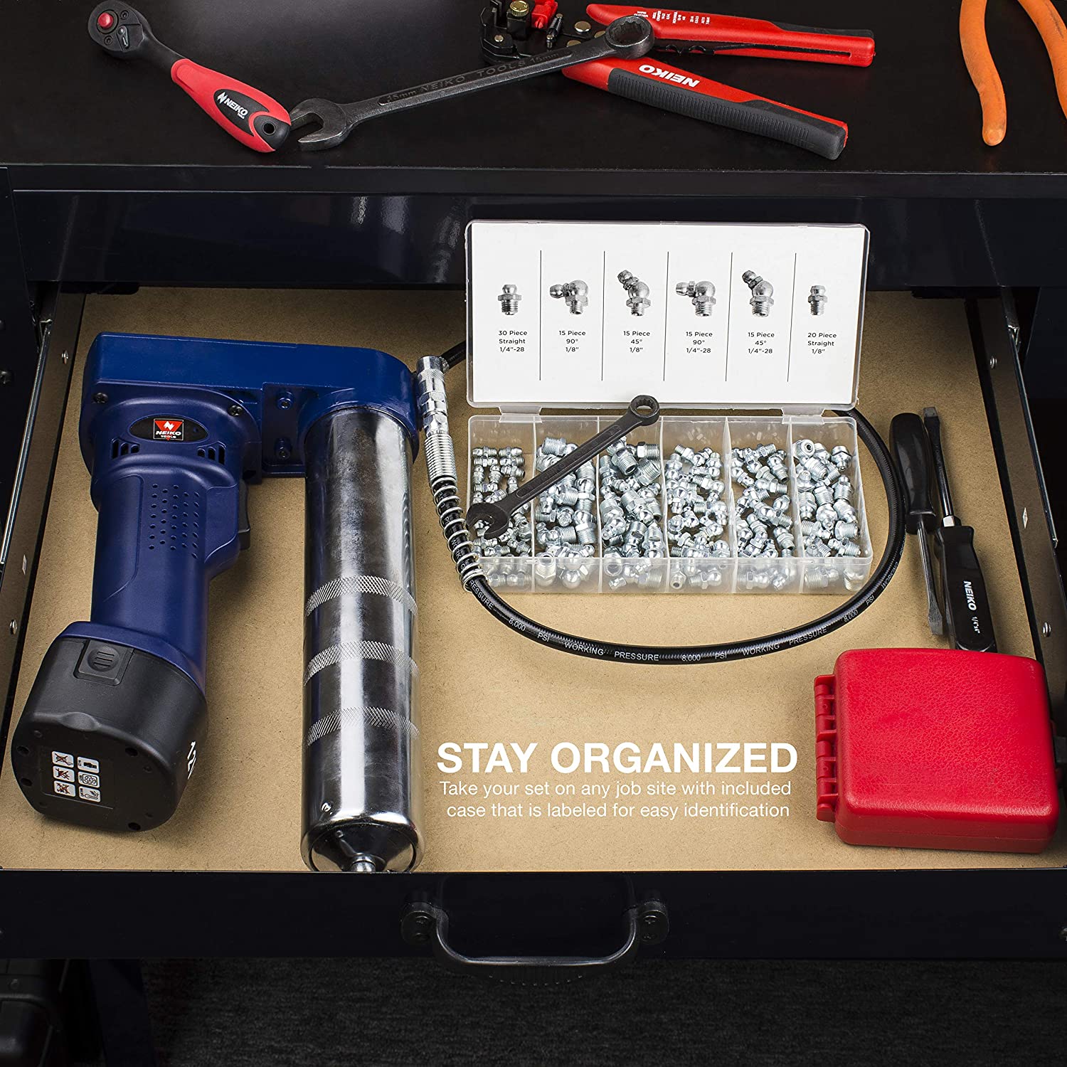 Grease Fitting Assortment — SAE, Straight & Angled Zerk Kit, A3 Steel (110-Piece)