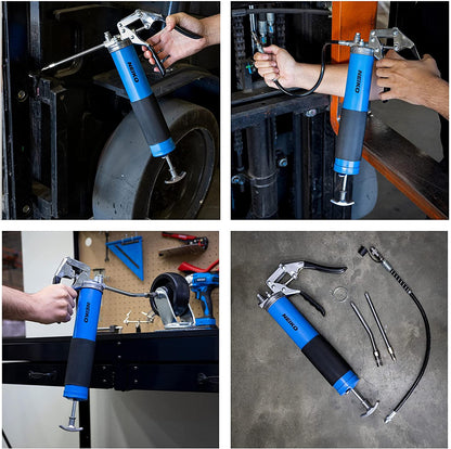 NEIKO 12011A Grease Gun | Heavy Duty Pistol Grip Greaser | 6000 PSI | Standard 14oz Grease Cartridge | 18” Reinforced Flex Hose, Zerk Coupler, 6” Straight Extension & 5.5” Bend Ext, Sharp Nozzle