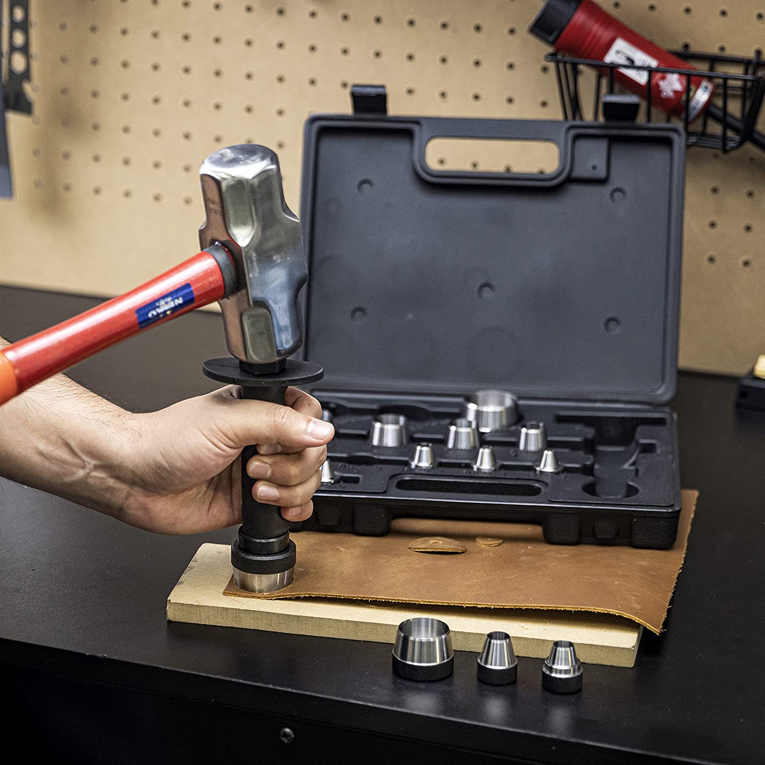 NEIKO 02604A Hole Punch Set | SAE & Metric, 3/16” – 1-3/8” & 5 – 35mm | 14 Piece Sharp Hollow Hole Punch Kit, Gasket Cutting Puncher, Foam Cutter, & Leather Hole Punches | 6” Interchangeable