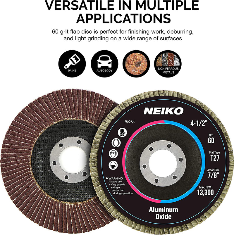 NEIKO 11107A Flap Disc | 60 Grit Aluminum Oxide Abrasive Wheel | 4.5" x 7/8-Inch | Flat Type