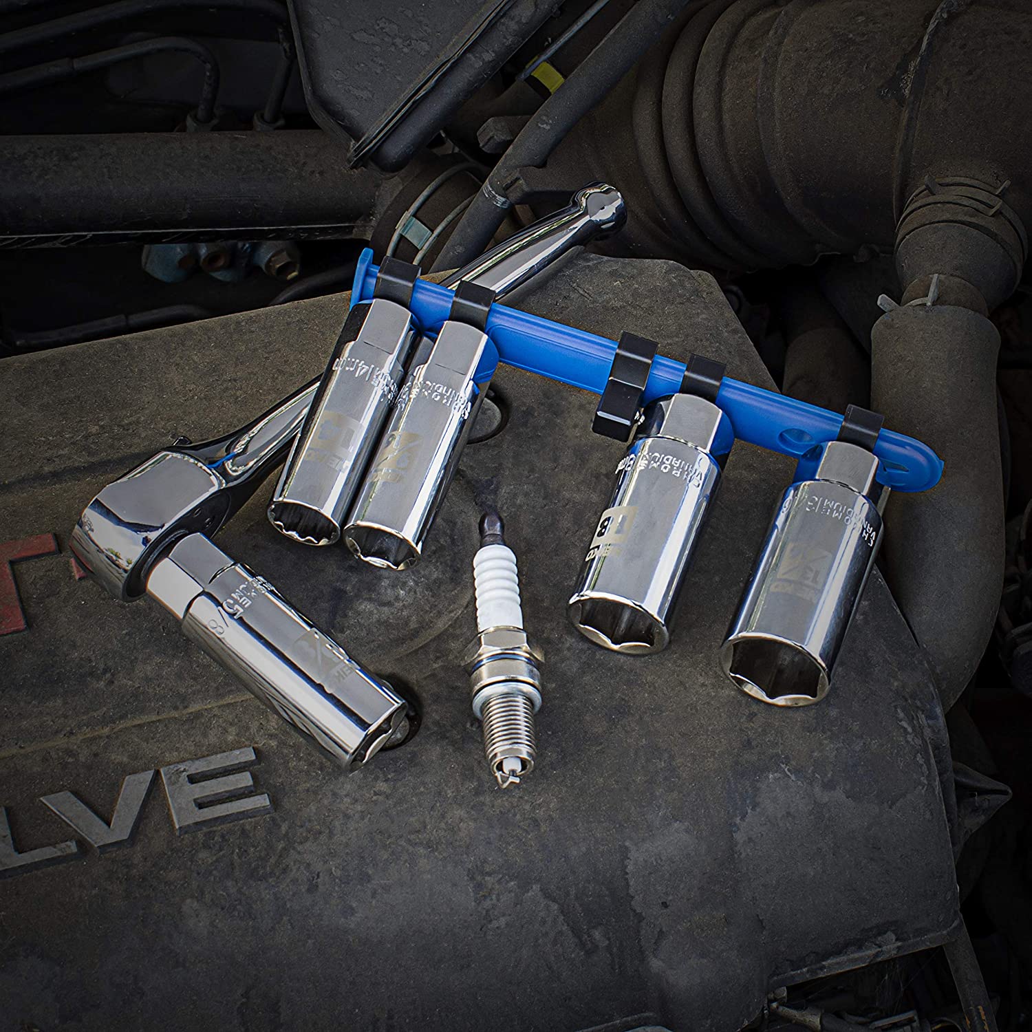 3/8" Drive Spark Plug Socket Set SAE And Metric, Rubber Retaining Inserts, Cr-V Steel, 14mm (5-Piece)