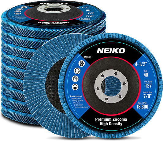 NEIKO 11255A 10 Pack Jumbo Zirconia Flap Discs 4-1/2 for Angle Grinder, 40 Grit Flapper Wheel, Flat T27 Grinding Wheel 4.5 Inch Flap Disc, 7/8" Arbor Grinding Disc, Flap Wheel for Wood & Metal Sanding